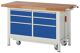 Werkbank Classic B1500xT700xH880mm Buche massiv grau blau 6Schubl.fahrb.absenkb.