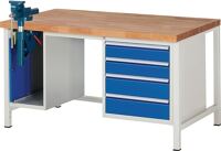 Werkbank Classic B1500xT900xH840mm Buche grau blau 4Schubl.m.Schraubstock RAU