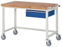 Werkbank B1250xT700xH880mm Buche massiv lichtgrau enzianblau 1 Schubl.RAU