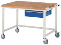 Werkbank B1250xT900xH880mm Buche massiv lichtgrau enzianblau 1 Schubl.RAU