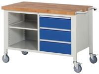 Werkbank B1250xT700xH880mm Buche massiv lichtgrau enzianblau 3 Schubl.fahrbar