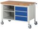 Werkbank B1250xT700xH880mm Buche massiv lichtgrau enzianblau 3 Schubl.fahrbar