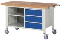 Werkbank B1500xT700xH880mm Buche massiv lichtgrau enzianblau 3 Schubl.fahrbar