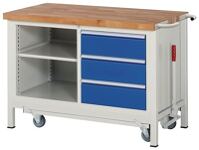 Werkbank B1250xT700xH880mm Buche massiv lichtgrau enzianblau 3 Schubl.absenkbar