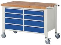 Werkbank B1250xT700xH880mm Buche massiv lichtgrau enzianblau 8 Schubl.fahrbar