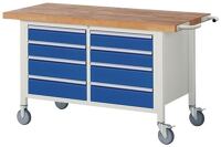 Werkbank B1500xT700xH880mm Buche massiv lichtgrau enzianblau 8 Schubl.fahrbar