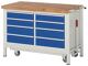 Werkbank B1250xT700xH880mm Buche massiv lichtgrau enzianblau 8 Schubl.absenkbar