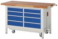 Werkbank B1500xT700xH880mm Buche massiv lichtgrau enzianblau 8 Schubl.absenkbar