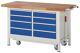 Werkbank B1500xT700xH880mm Buche massiv lichtgrau enzianblau 8 Schubl.absenkbar