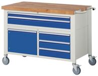Werkbank B1250xT700xH920 mm Buche mass lichtgrau enzianblau 5Schubl.1Tür fahrb.