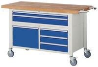 Werkbank B1500xT700xH920mm Buche massiv lichtgrau enzianblau 5Schubl.1Tür fahrb.
