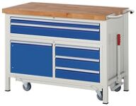 Werkbank B1250xT700xH920mm Buche mass lichtgrau enzianblau 5Schubl.1Tür absenkb