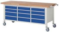 Werkbank B2000xT700xH880mm Buche massiv lichtgrau enzianblau 12 Schubl.450kg RAU