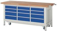Werkbank B2000xT700xH880mm Buche massiv lichtgrau enzianblau 12 Schubl.1250 kg