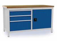 Werkbank signalblau, NW-Nr.: 9000426070 lichtgrau, B1500xH859xT750mm Buche Multiplex 40mm 3 Schubl.1, Türen BEDRUNKA+HIRTH  