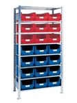 Steckregal, NW-Nr.: 9000449840 H2000xB1000xT500mm, Grundregal 8 Stahlböden 12 x MK2 blau,9 x MK2 rot  