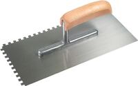 Glättekelle L. 280 mm B. 130 mm Stahl gehärtet 6 x 6 gezahnt, mit gebogenem Holz